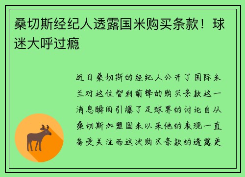 桑切斯经纪人透露国米购买条款！球迷大呼过瘾